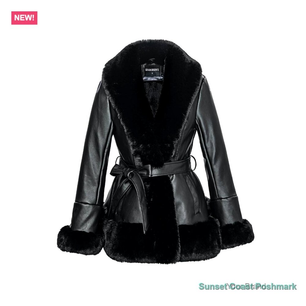 Faux Leather Jacket with Faux Fur Collar, Peplum Parka Coat with Belt
